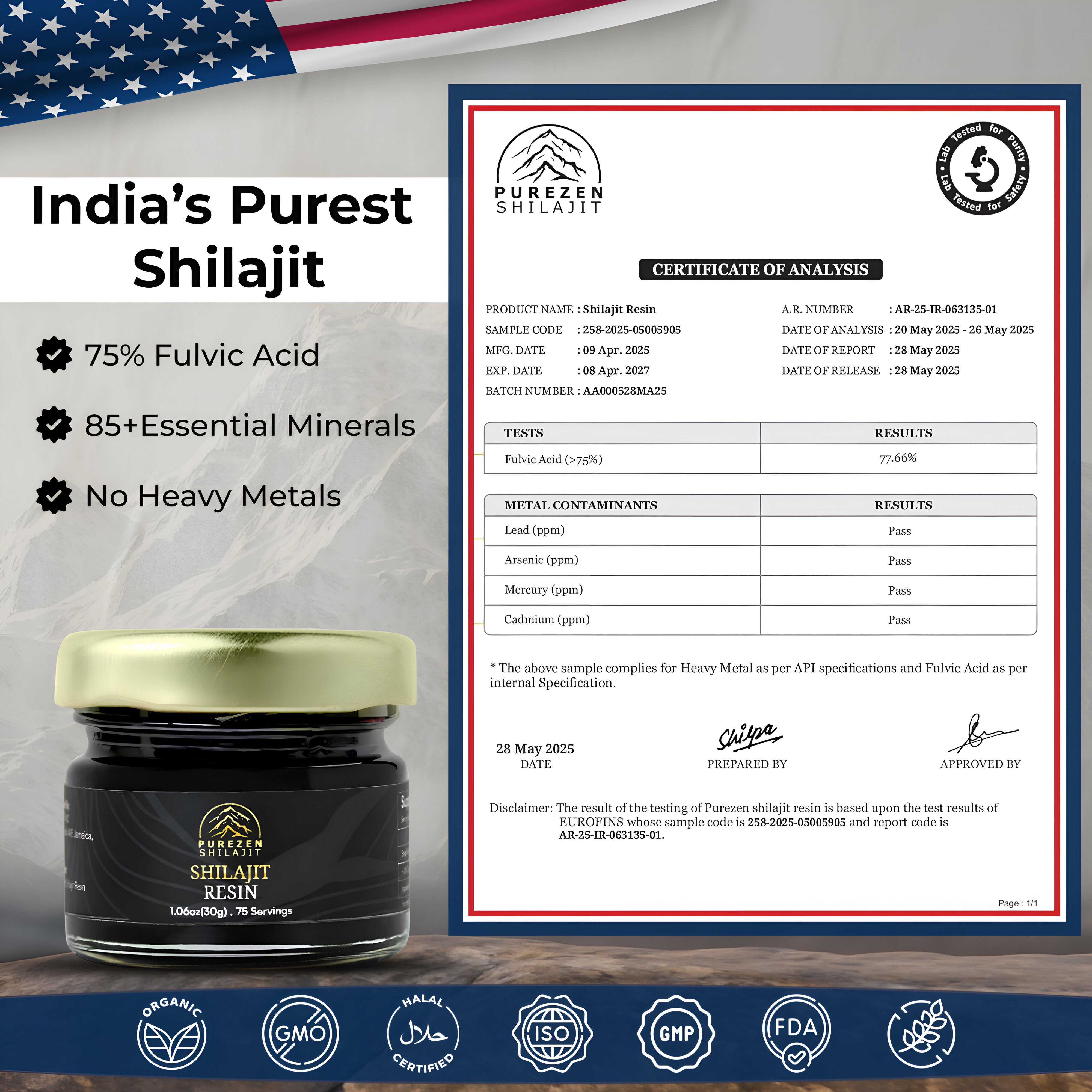 75%+ Fulvic Acid, 85+ Trace Minerals from 17,000 ft Himalayas – Natural Energy, Stamina & Muscle Support for Men & Women, Lab-Tested 30g (75 Servings)